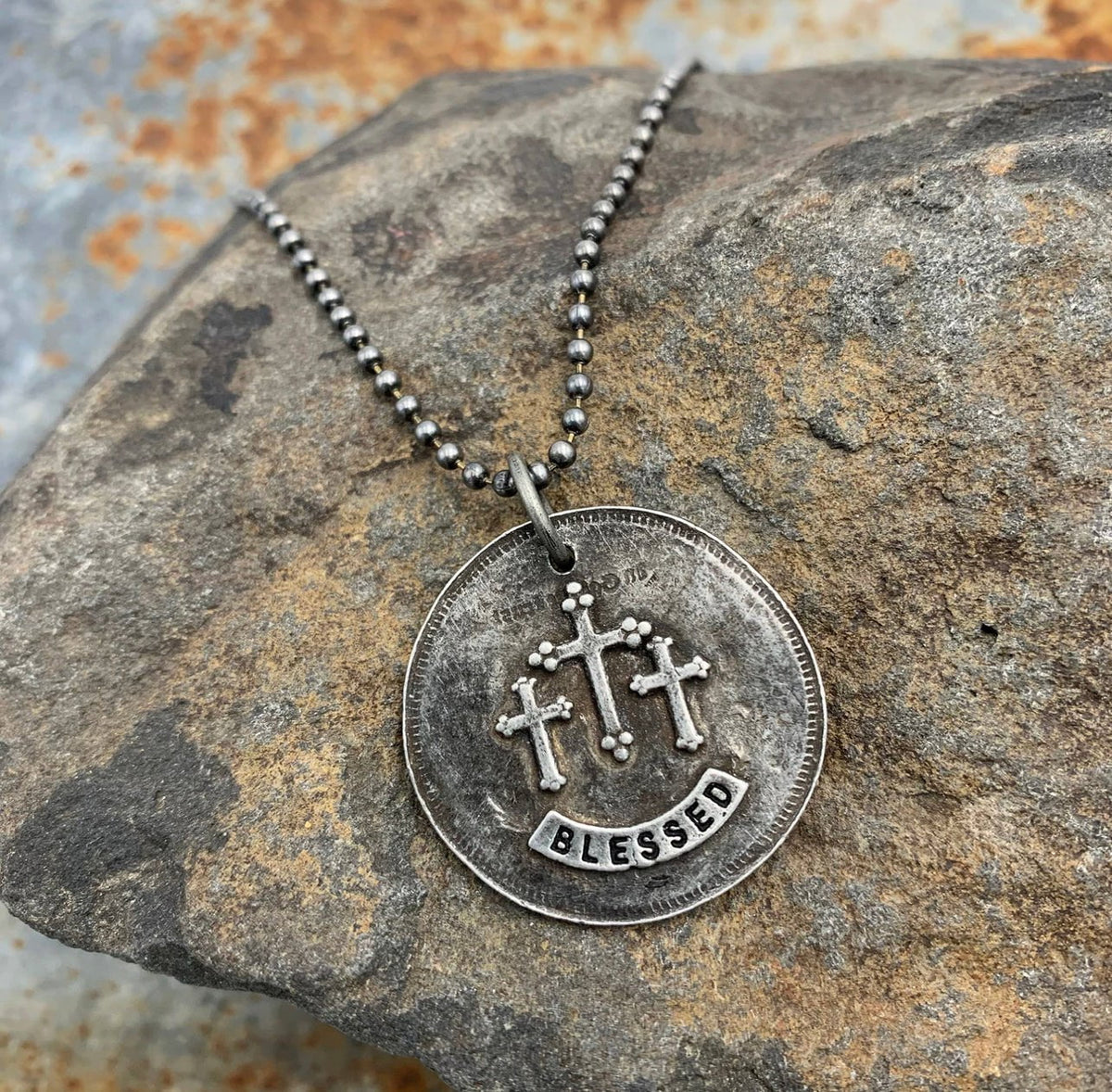 Double sided Blessed Pewter Cross Necklace