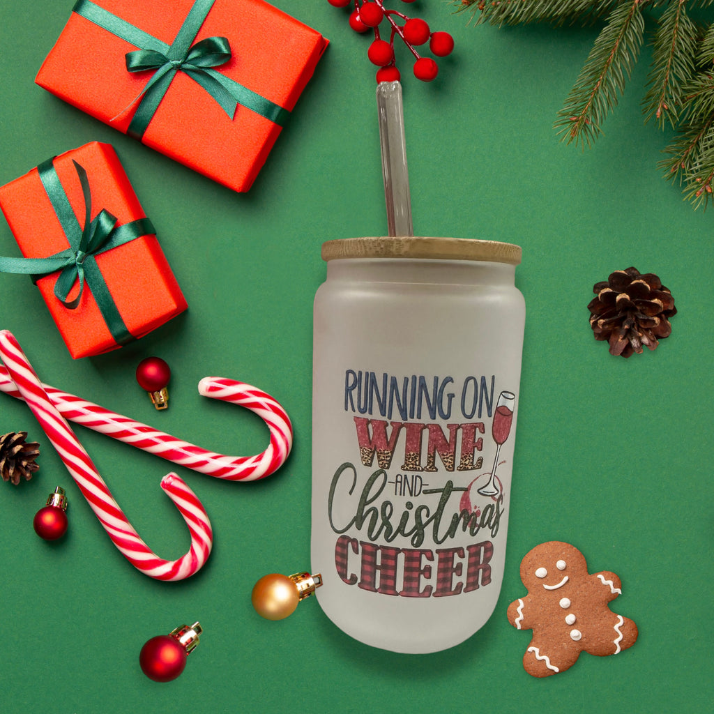 Glass can tumbler “ running on wine and Christmas cheer” 12oz - Enchantments Co.