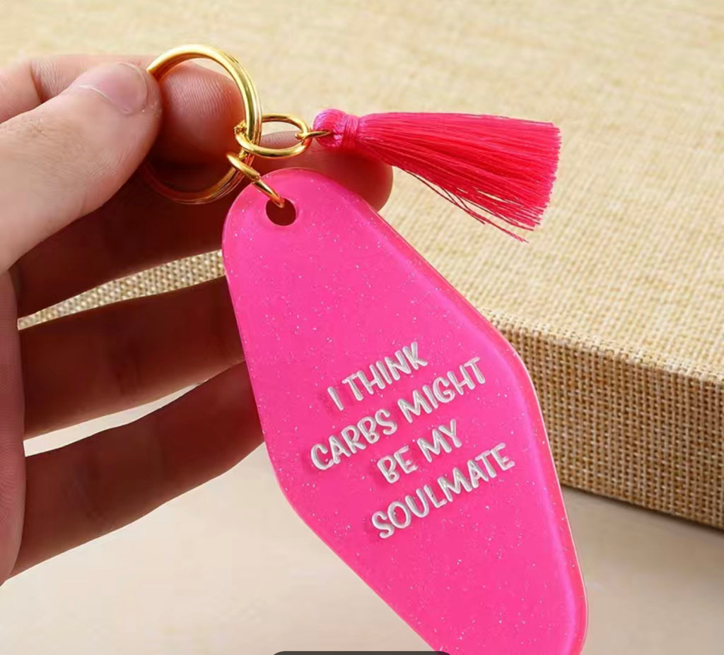 I think carbs might be my soul mate vintage motel room keychain pink - Enchantments Co.