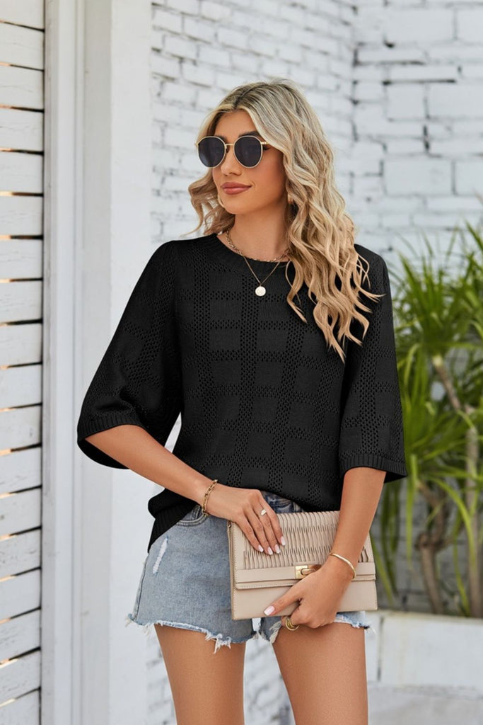 Trendsi Ribbed Trim Round Neck Knit Top