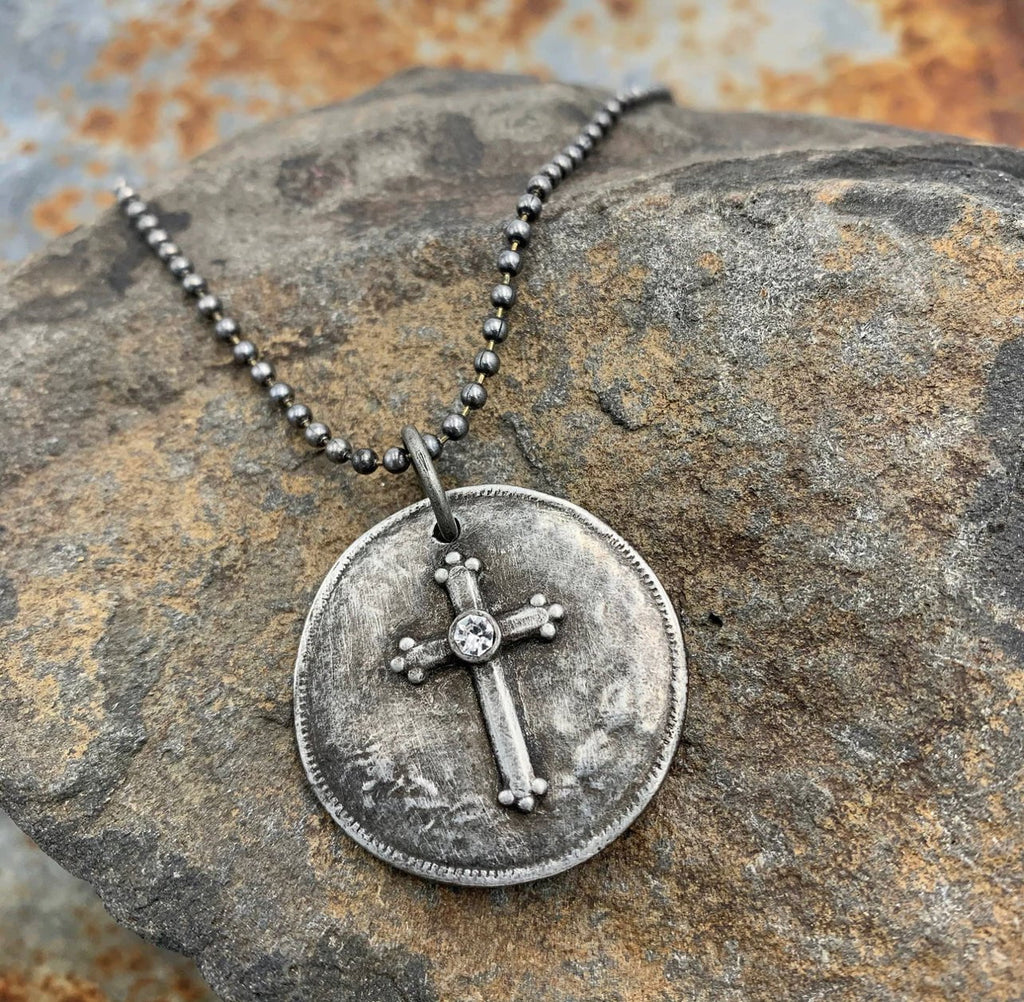 Double sided Blessed Pewter Cross Necklace-Necklaces-NicholeMadison-Nichole Madison Boutique - Morgantown, Indiana